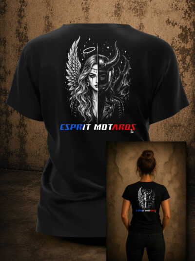 T-shirt motarde Esprit Motards représentant une femme et une motarde réunies en un seul visage avec une aile d'ange et une aile sombre sur fond noir