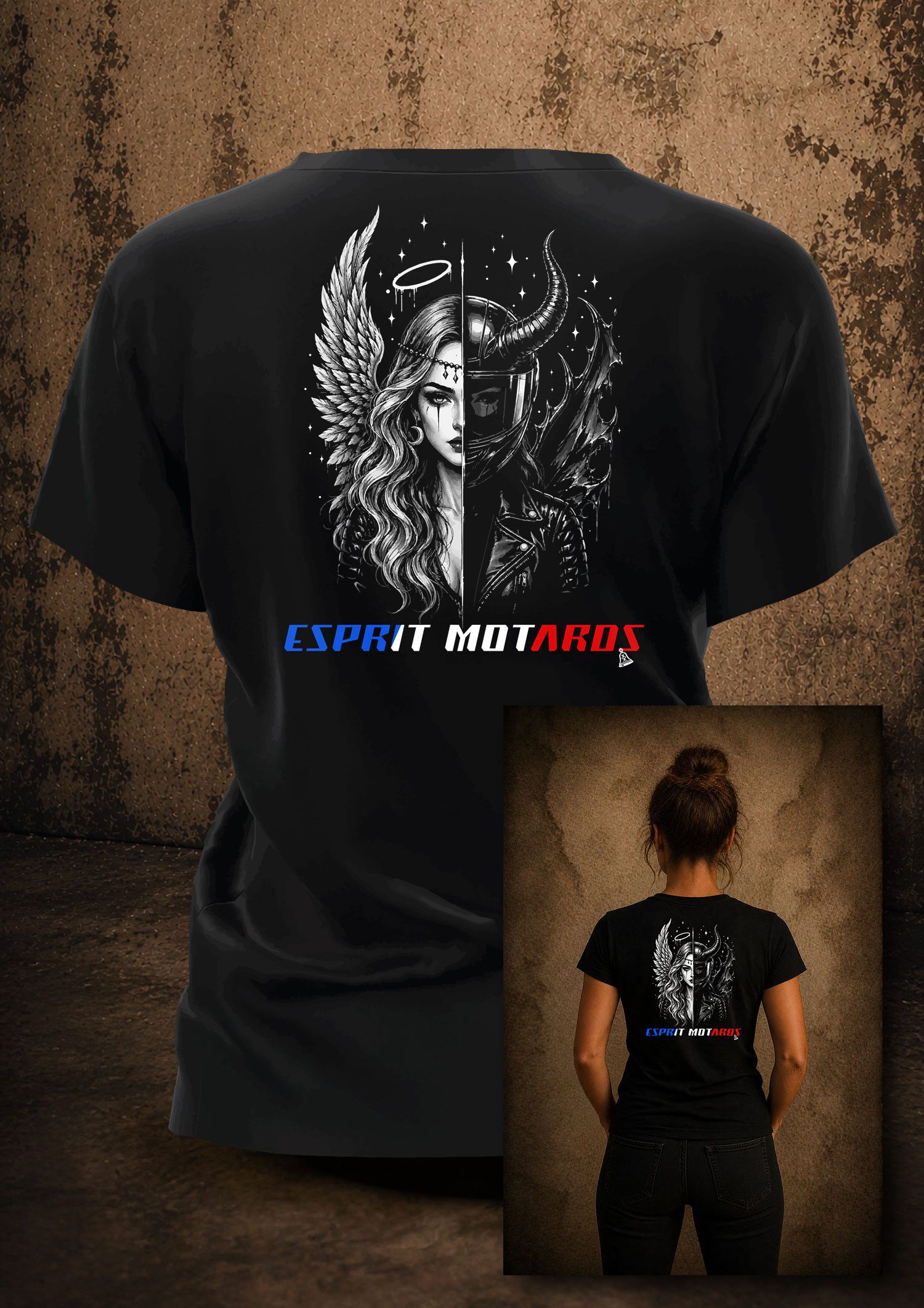T-shirt motarde Esprit Motards représentant une femme et une motarde réunies en un seul visage avec une aile d'ange et une aile sombre sur fond noir