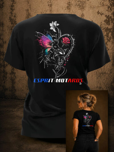 T-shirt motarde Esprit Motards avec motarde sur moto, ailes colorées, rose et fleurs sur fond noir