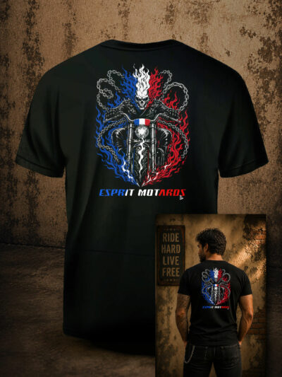 T-shirt motard Rider Tricolore Esprit Motards avec motard squelette enflammé bleu blanc rouge
