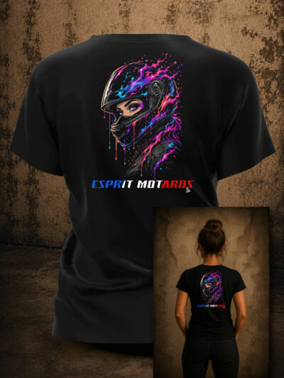 T-Shirt femme Esprit Motards représentant une motarde au casque artistique multicolore sur fond noir