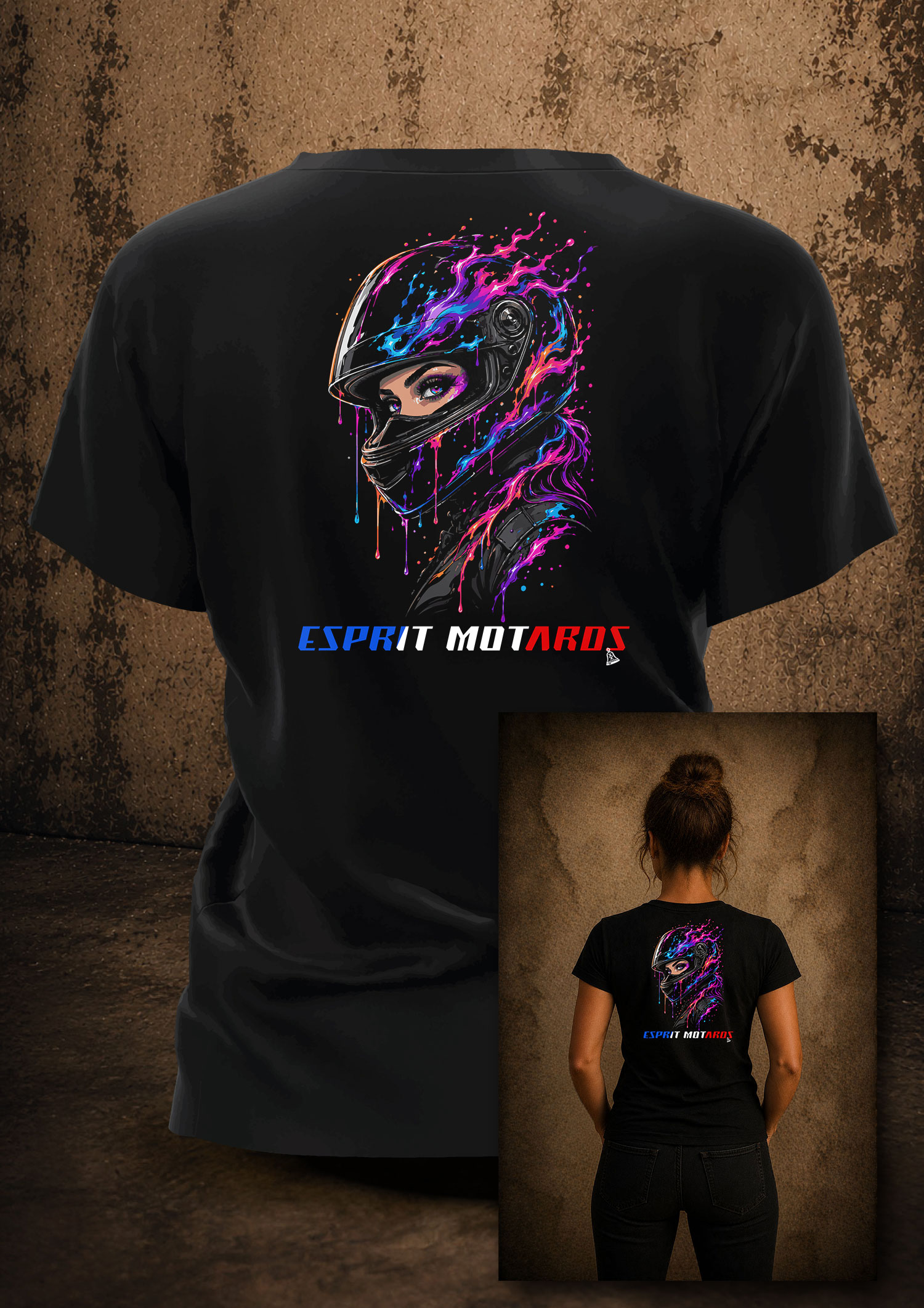 T-Shirt femme Esprit Motards représentant une motarde au casque artistique multicolore sur fond noir