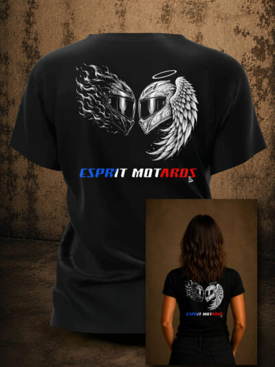 T-shirt femme motard Esprit Motards avec deux casques face à face, l'un entouré de flammes et l'autre d'une aile d'ange sur fond noir