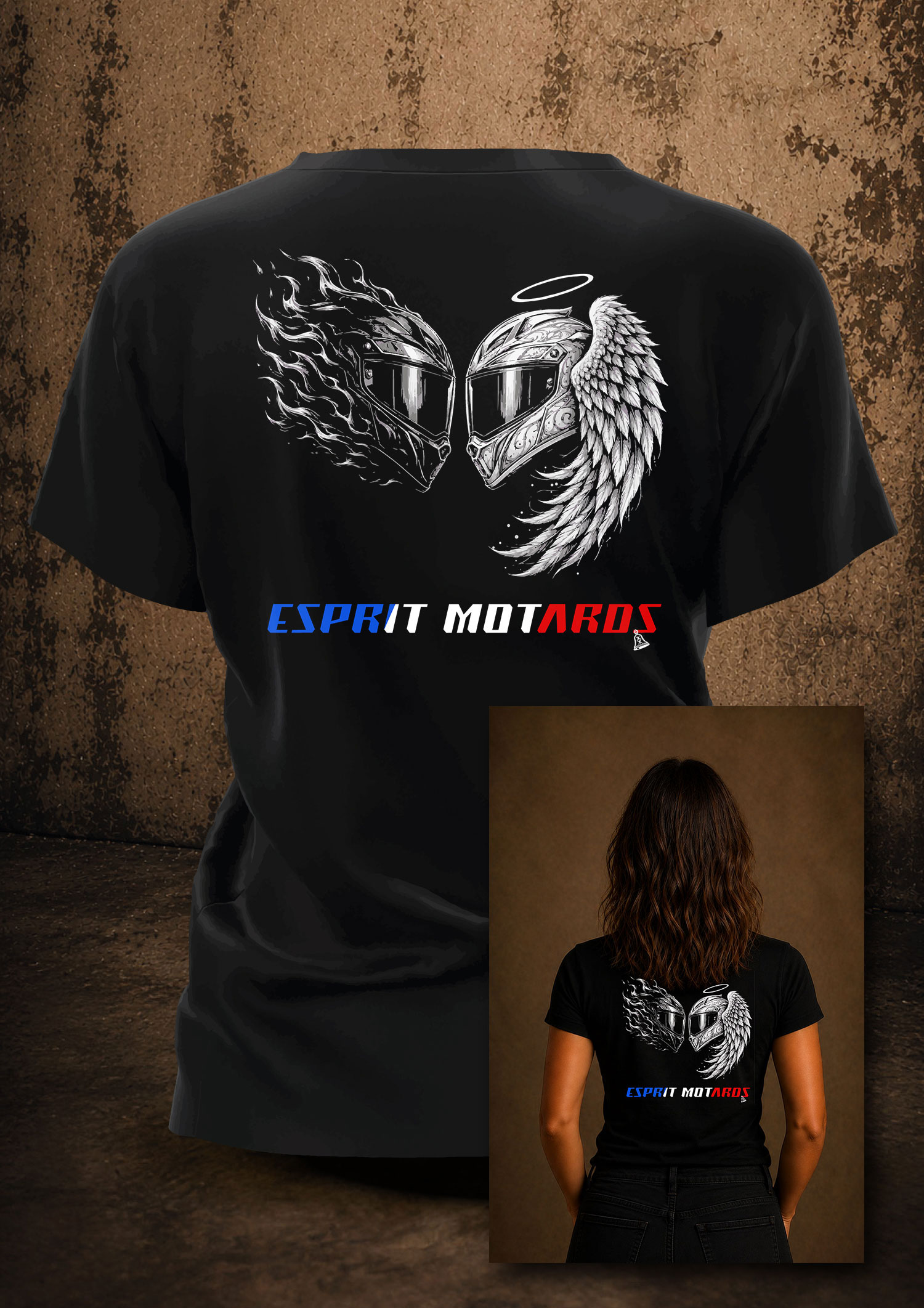T-shirt femme motard Esprit Motards avec deux casques face à face, l'un entouré de flammes et l'autre d'une aile d'ange sur fond noir