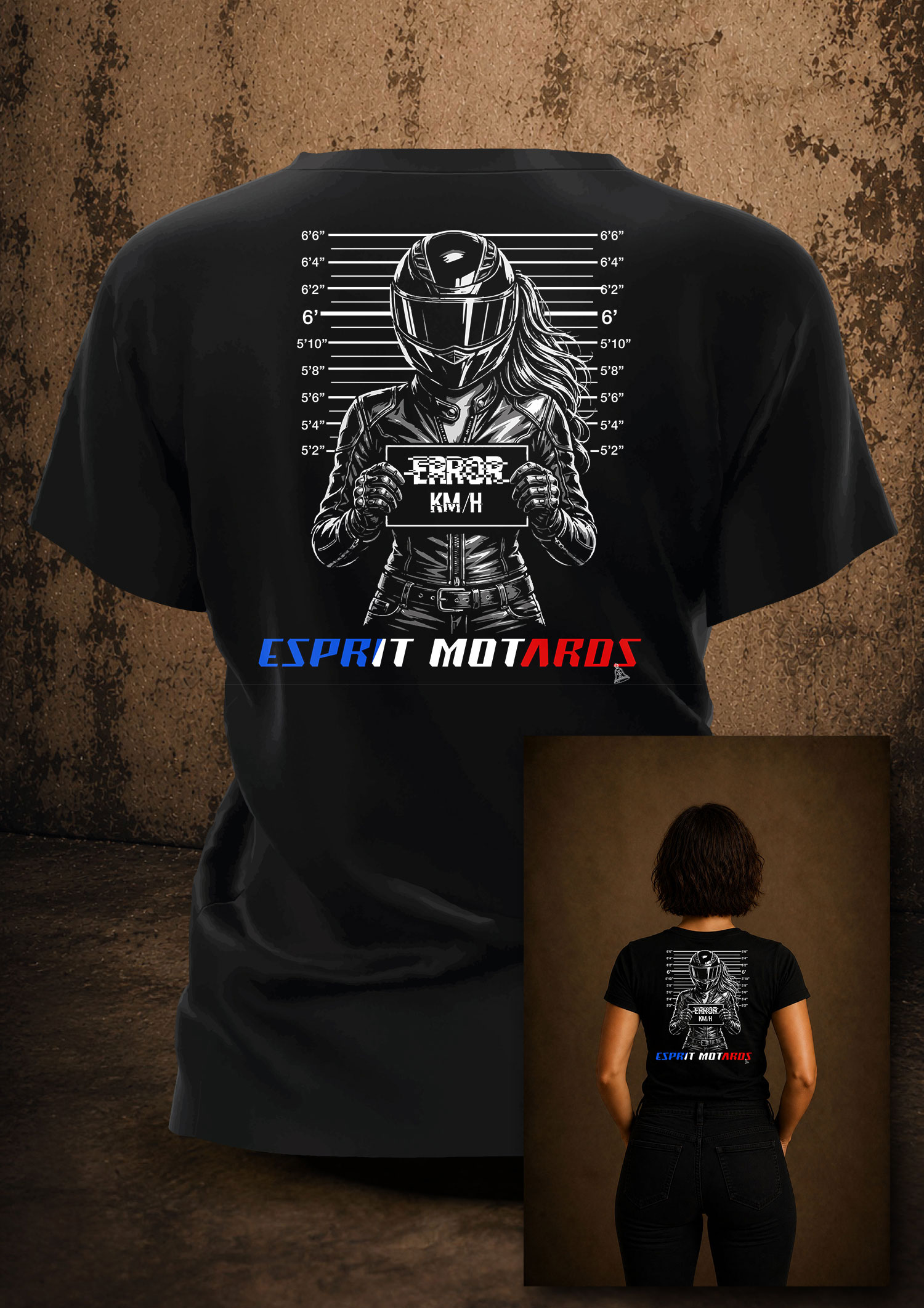 T-shirt motarde Esprit Motards avec motarde en casque devant une toise de police tenant une pancarte ERROR KM/H sur fond noir