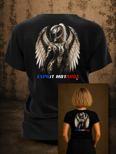 T-Shirt femme Esprit Motards représentant une motarde avec des ailes d'ange protectrices sur fond noir