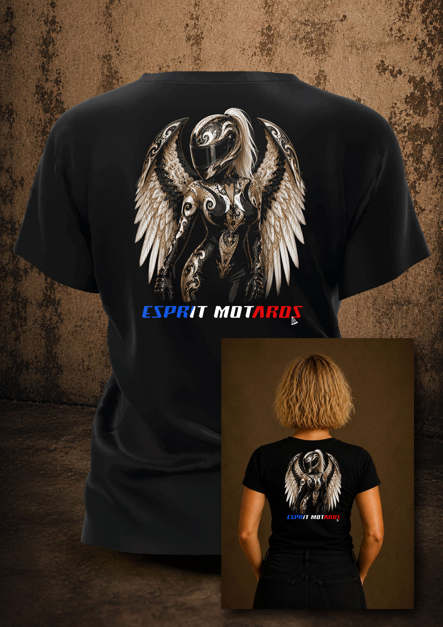 T-Shirt femme Esprit Motards représentant une motarde avec des ailes d'ange protectrices sur fond noir