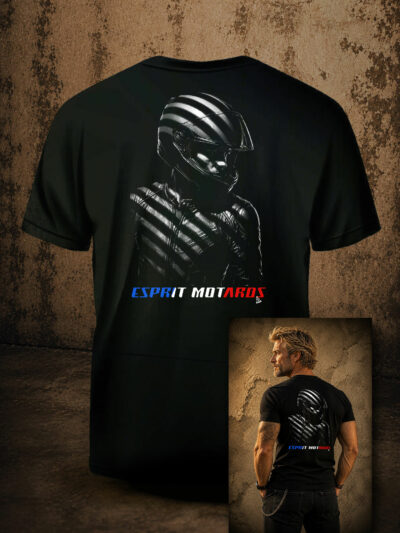 T-shirt homme Esprit Motards représentant un motard casqué éclairé par des faisceaux de lumière sur fond noir