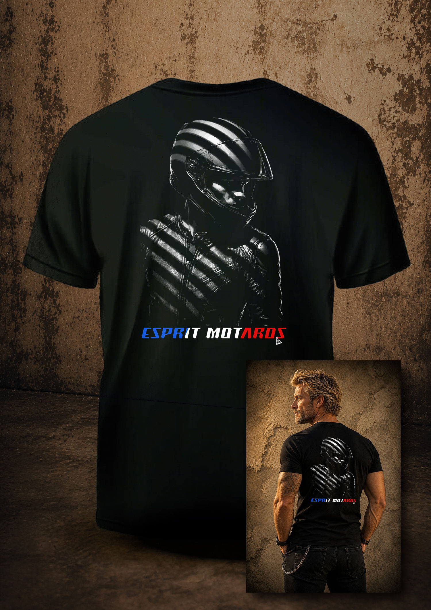 T-shirt homme Esprit Motards représentant un motard casqué éclairé par des faisceaux de lumière sur fond noir