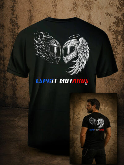 T-shirt homme motard Esprit Motards avec deux casques face à face, l'un entouré de flammes et l'autre d'une aile d'ange sur fond noir