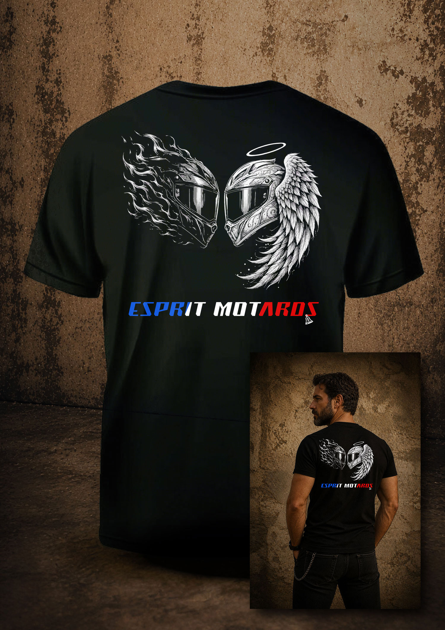 T-shirt homme motard Esprit Motards avec deux casques face à face, l'un entouré de flammes et l'autre d'une aile d'ange sur fond noir