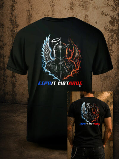 T-shirt homme Esprit Motards Entre Ombre et Lumière avec motard casqué, aile d'ange bleue et aile de démon enflammée.