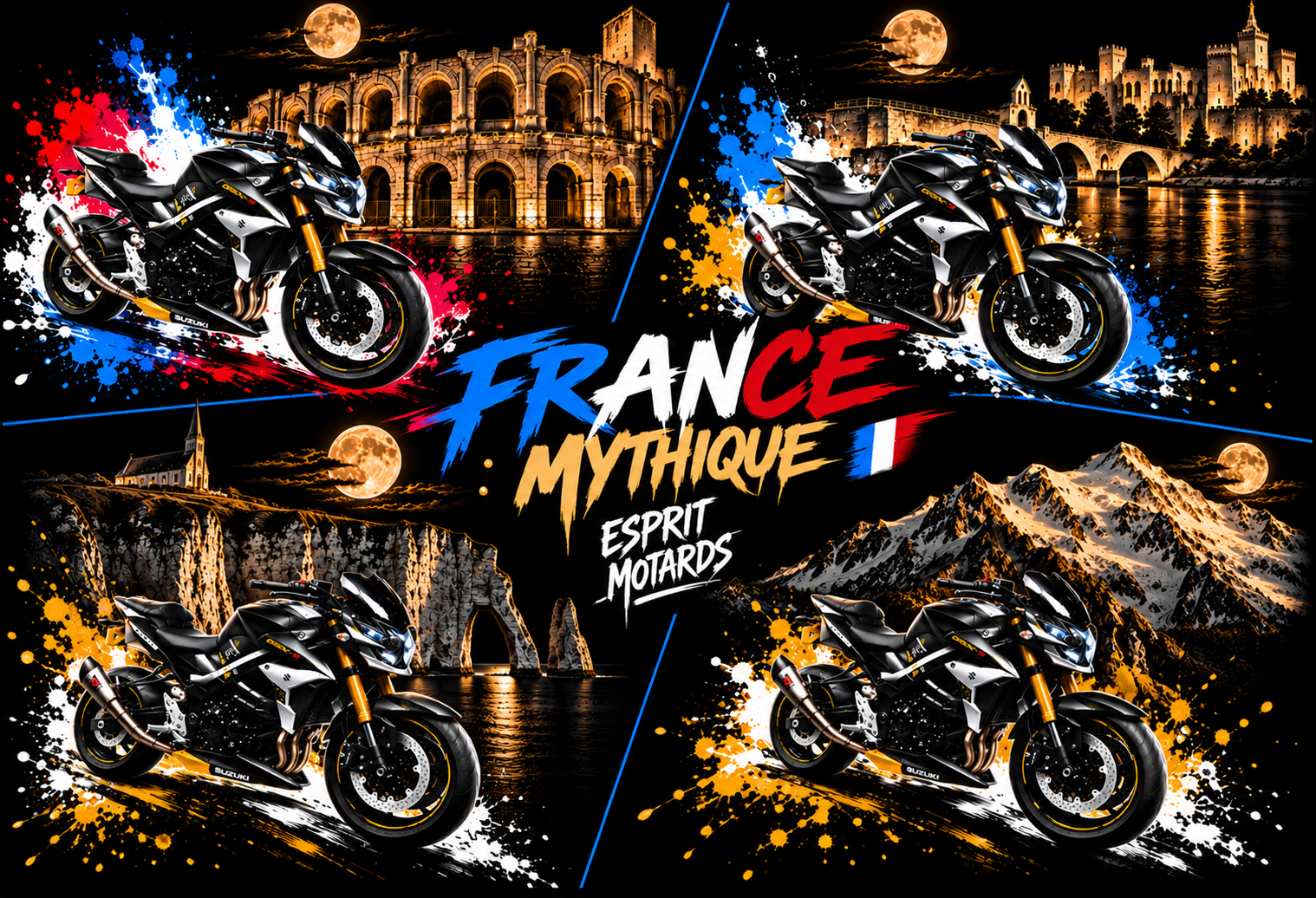 Collection France mythique Esprit Motards – Motos devant les arènes d’Arles, le pont d’Avignon, les falaises d’Étretat et les Alpes