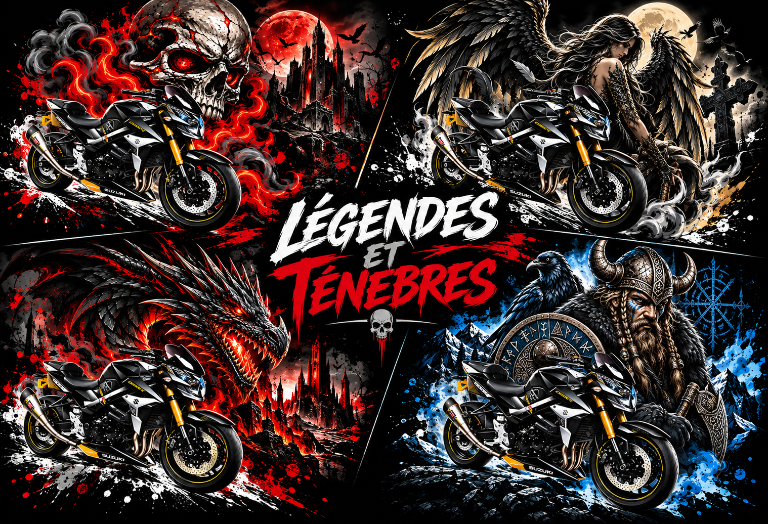 Collection Légendes et Ténèbres Esprit Motards – T-shirts moto personnalisés avec crâne, ange déchu, dragon et guerrier viking