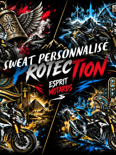 Sweat à capuche motard noir avec capuche et cordons rouges, logo Esprit Motards sur la poitrine et motif boussole, route et Guardian Bell sur la manche droite.