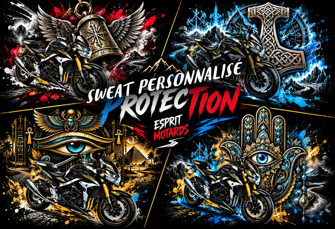 Sweat à capuche motard noir avec capuche et cordons rouges, logo Esprit Motards sur la poitrine et motif boussole, route et Guardian Bell sur la manche droite.