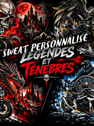 Sweat moto personnalisé Légendes & Ténèbres Esprit Motards – Quatre illustrations de motos avec crâne enflammé, ange déchu, dragon et guerrier viking.