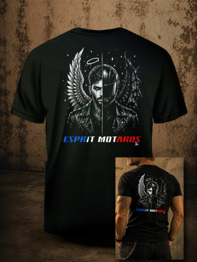 Illustration Ange et Démon pour t-shirt homme Esprit Motards, visage masculin mi-homme mi-casque, aile d'ange et aile démoniaque en noir et blanc.