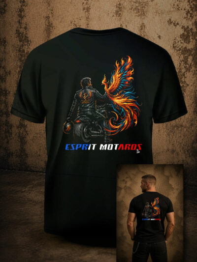 Illustration pour t-shirt homme Esprit Motards représentant un motard sur sa moto face à un grand phénix orange, or et bleu aux ailes déployées.